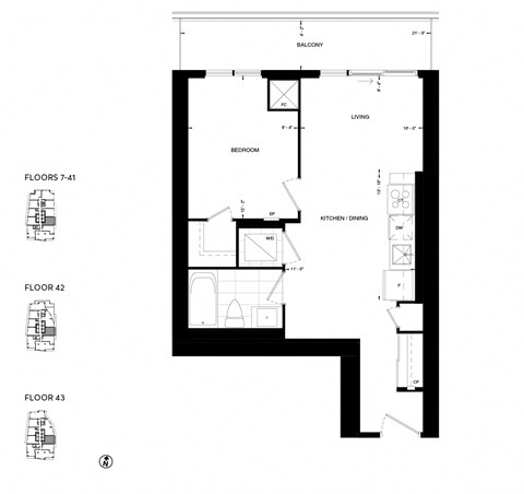 Floor plan for 1 bed, 1 bath, 573 sqft